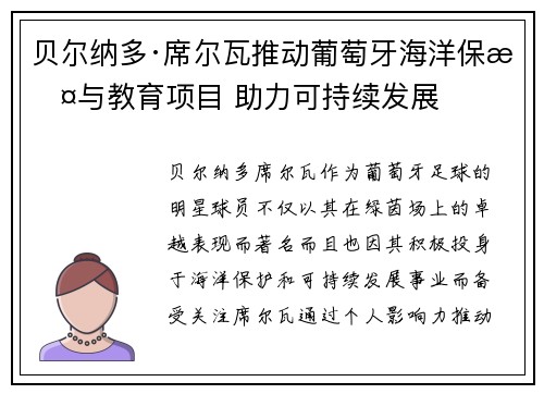 贝尔纳多·席尔瓦推动葡萄牙海洋保护与教育项目 助力可持续发展