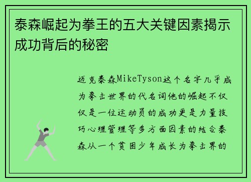 泰森崛起为拳王的五大关键因素揭示成功背后的秘密