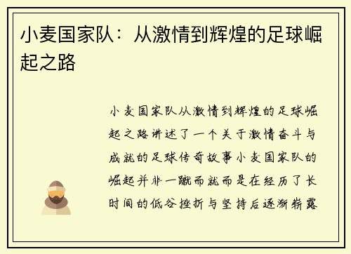 小麦国家队：从激情到辉煌的足球崛起之路