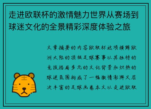 走进欧联杯的激情魅力世界从赛场到球迷文化的全景精彩深度体验之旅